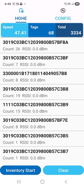 Android RFID inventory application screen